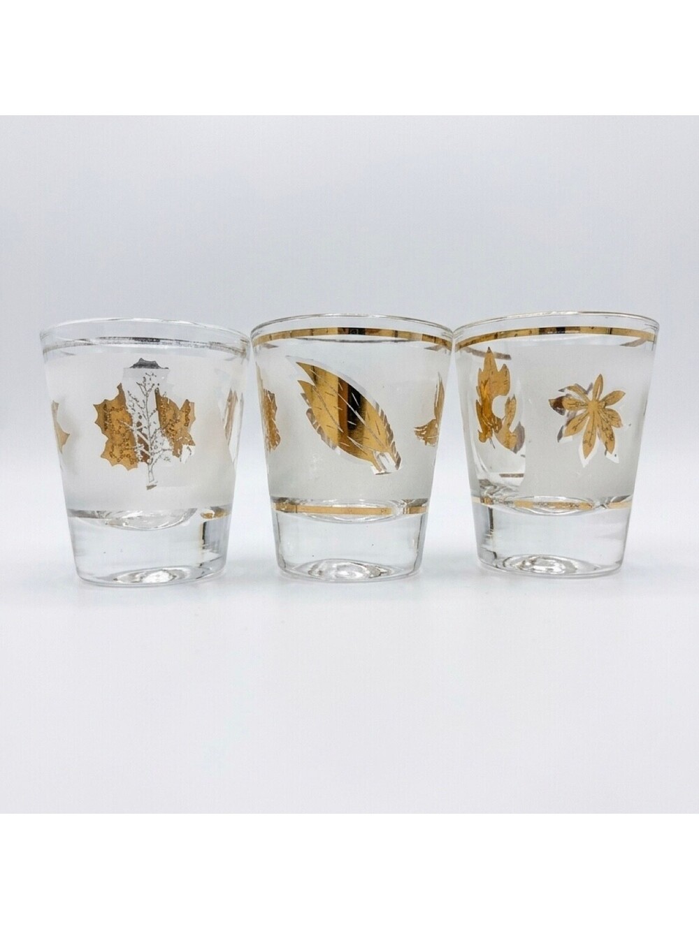 Vintage Gold Leaf Shot Glasses Set of 3 Frosted Glass Gold Rim Barware